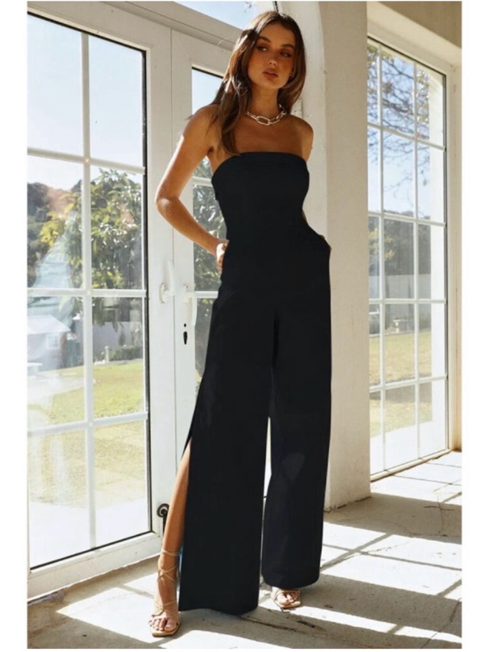 Runaway The Label Tahari Strapless Wide-Leg Slit Jumpsuit in Black -XS - Cotton